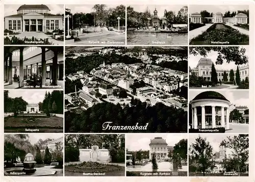 AK / Ansichtskarte  Franzensbad_Boehmen_Frantiskovy_Lazne_CZ Glauberquelle Kurpark Stadtteich Nataliequelle Salzquelle Panorama Franzensquelle Adlerquelle Goethe Denkmal Kurplatz mit Kurhaus Dankwarte