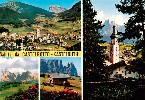 AK / Ansichtskarte  Castelrotto__Kastelruth_Suedtirol_IT Gesamtansicht mit Dolomiten Almvieh Kirche