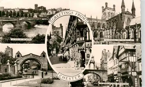 AK / Ansichtskarte  Chester__Cheshire_UK The River Dee Newgate Corner and Cathedral The Bridge and Clock over Eastgate