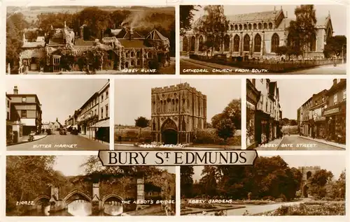 AK / Ansichtskarte 73903760 Bury_St_Edmunds_UK Abbey Ruins Cathedral Buttr Market Abbey Gateway Gate Street Abbot Bridge Abbey Gardens