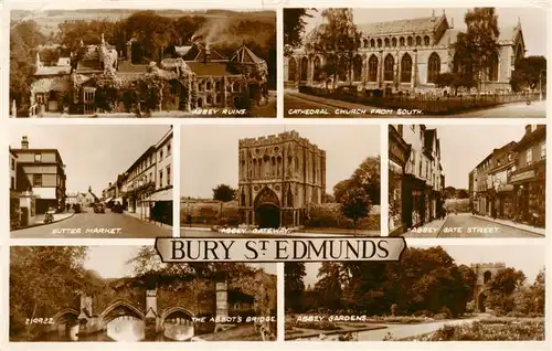 AK / Ansichtskarte  Bury_St_Edmunds_UK Abbey Ruins Cathedral Buttr Market Abbey Gateway Gate Street Abbot Bridge Abbey Gardens