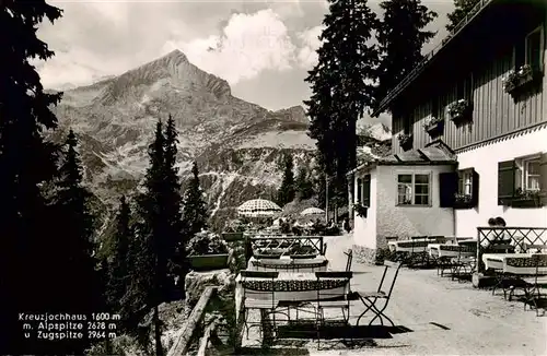 AK / Ansichtskarte  Kreuzjochhaus_1600m_Garmisch-Partenkirchen mit Alpspitze und Zugspitze