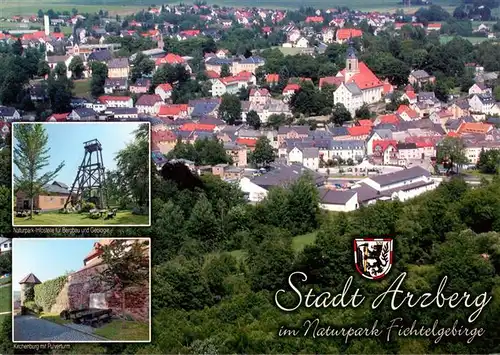 AK / Ansichtskarte  Arzberg_Oberfranken Fliegeraufnahme Naturpark Bergbau und Geologie Kronenburg mit Pulverturm