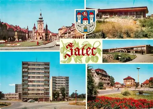 AK / Ansichtskarte  Zatec_Saaz_CZ Namesti VRSR Spolecensky dum Moskva Obchodni stredisko a restaurace Zlaty chmel Sidliste Svermovo namesti