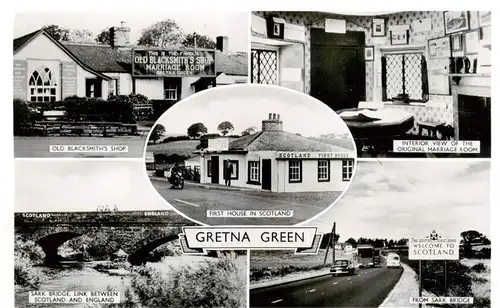 AK / Ansichtskarte  Gretna_Green_Scotland_UK Old Blacksmith Shop First House in Scotland Interior view of the Original Marriage Room Sark Bridge From Sark Bridge