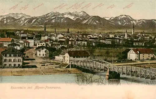 AK / Ansichtskarte  Rosenheim__Bayern Stadtbild mit Eisenbahnbruecke Inn Alpenpanorama