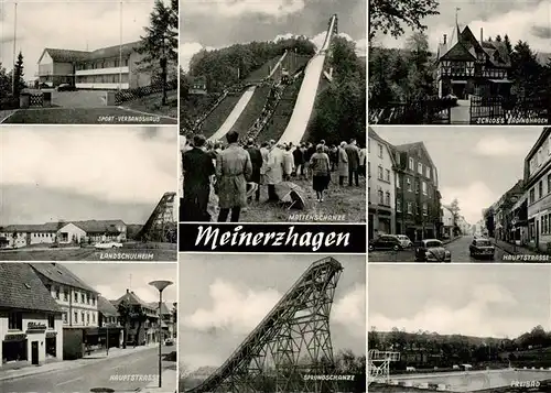 AK / Ansichtskarte  Meinerzhagen Skisprungschanze Mattenschanze Schloss Hauptstrasse Freibad Landschulheim Sport-Verbandshaus