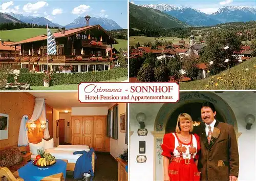 AK / Ansichtskarte 73904874 Reit_Winkl Artmanns Sonnhof Hotel Pension Appartementhaus Ortsansicht mit Kirche Alpenpanorama