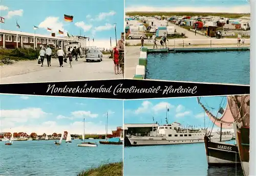 AK / Ansichtskarte  Carolinensiel-Harlesiel_Ostfriesland Strasse Schwimmbad Campingplatz Fahrgastschiff