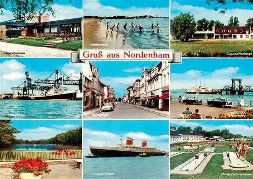 AK / Ansichtskarte  Nordenham Jugendherberge Weserstrand Midgartpier Gateteich Bahnhofstrasse Weserdampfer Weserfaehre Minigolfplatz