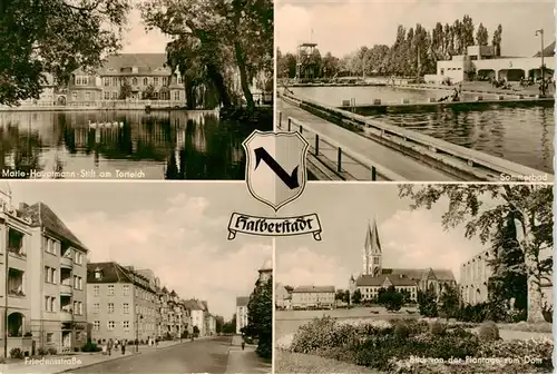 AK / Ansichtskarte 73904979 Halberstaedter_See_Halberstadt Marie Hauptmann Stift am Torteich Sommerbad Friedensstrasse Blick von der Plantage zum Dom