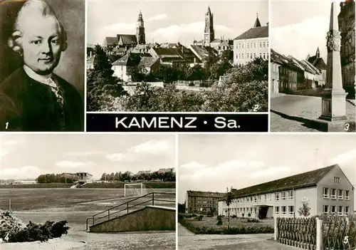 AK / Ansichtskarte  Kamenz_Sachsen Lessing oelgemaelde Teilansicht Postmeilensaeule Stadion der Jugend Maxim Gorki Oberschule