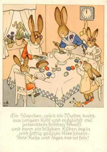 AK / Ansichtskarte  Vermenschlicht Ostern Hasen Familie Essen Eier