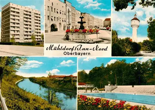 AK / Ansichtskarte 73905506 Muehldorf__Inn Hochhaeuser Brunnen Wasserturm Innpartie Schwimmbad