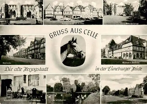 AK / Ansichtskarte 73905509 Celle__Niedersachsen Schloss Fachwerkhaeuser Stechbahn Museum Apotheke Museum Im Schlossgarten Strassenpartie