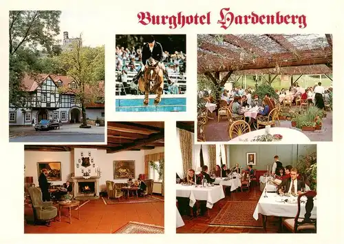 AK / Ansichtskarte 73905618 Noerten-Hardenberg Burghotel Hardenberg Gastraeume Kaminzimmer Terrasse Springreiter