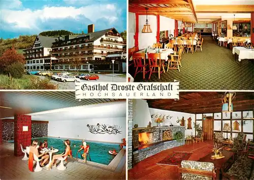 AK / Ansichtskarte 73905957 Grafschaft_Schmallenberg Gasthof Droste Grafschaft Restaurant Kaminzimmer Hallenbad