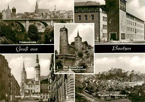 AK / Ansichtskarte 73906076 Bautzen Friedensbruecke Deutsche Post Rathaus und Petridom Alte Wasserkunst und Michaelskirche Blick vom Proitschenberg