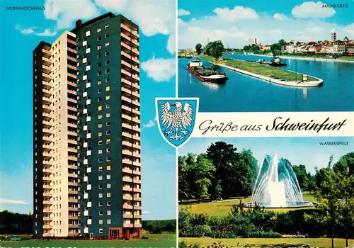 AK / Ansichtskarte 73906270 Schweinfurt_Main Wohnhochhaus Mainpartie Wasserspiele