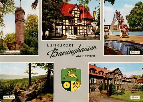 AK / Ansichtskarte  Barsinghausen Nordmannsturm Rathaus Freibad Alte Taufe Kloster Wappen