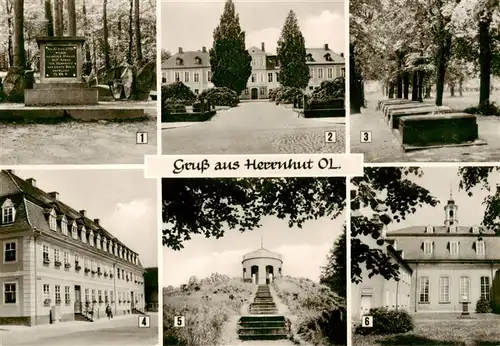 AK / Ansichtskarte  Herrnhut Denkstein Vogtshof Zinzendorf Graeber Witwenhaus Hutberg Altan Kirchensaal