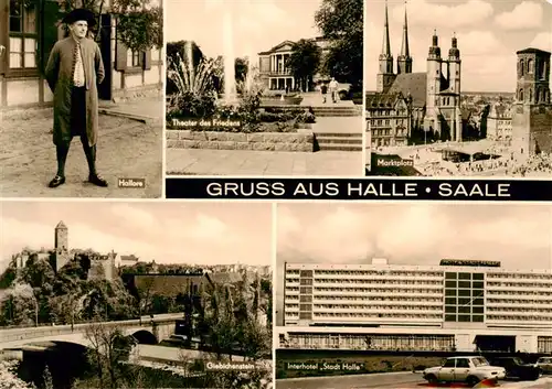 AK / Ansichtskarte  Halle__Saale Hallore Theater des Friedens Marktplatz Burg Giebichenstein Interhotel Stadt Halle