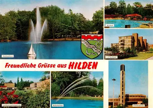 AK / Ansichtskarte 73906484 Hilden__Mettmann Stadtwaldteich Fontaene Waldbad Nordstadt Friedenskirche Holterhoefchen Landesverwaltungsschule 