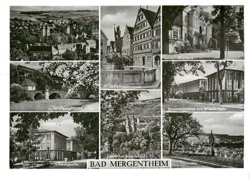 AK / Ansichtskarte 73906517 Bad_Mergentheim Wolfgangbruecke Albertquelle Milchlingsbrunnen Deutschordens Schloss Kurhaus Brunnentempel mit Wandelhalle Panorama