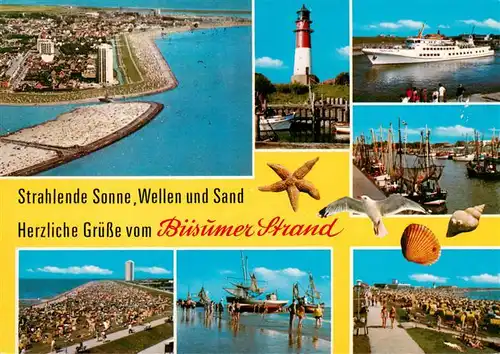 AK / Ansichtskarte 73906521 Buesum_Nordseebad Fliegeraufnahme Leuchtturm Faehre Fischereihafen Strandpartien Promenade