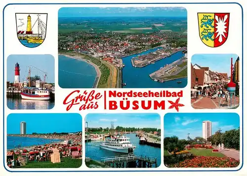 AK / Ansichtskarte 73906558 Buesum_Nordseebad Fliegeraufnahme Hafen Fussgaengerzone Strandpartie Park Faehre