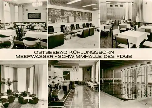 AK / Ansichtskarte 73906748 Kuehlungsborn_Ostseebad Tagescafe Eingangshalle und Baltic Bar Foyer Meerwasser Schwimmhalle