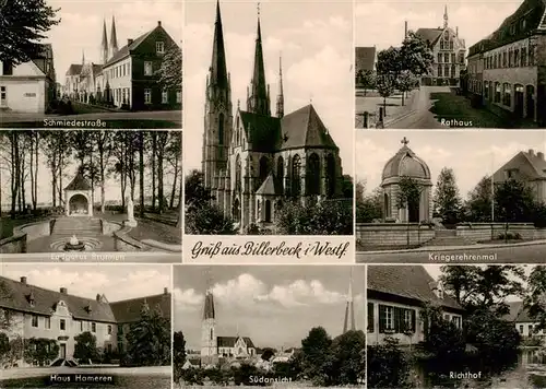 AK / Ansichtskarte 73906755 Billerbeck_Westfalen Schmiedestrasse Kirche Rathaus Kriegerehrenmal Haus Hameren Suedansicht Richthof