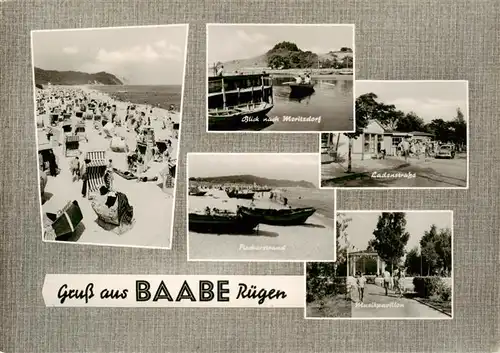 AK / Ansichtskarte  Baabe_Ostseebad_Ruegen Strand Blick nach Moritzdorf Fischerstrand Ladenstrasse Musikpavillon