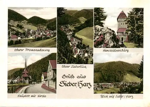 AK / Ansichtskarte  Sieber_Herzberg_am_Harz Oberer Promenadenweg Oberer Sieberblick Hanskuehnenburg Hauptstr mit Kirche Blick auf Sieber