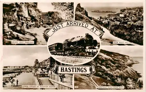 AK / Ansichtskarte  Hastings_East_Sussex_UK Lovers Seat Fairlight Train From West Hill Lower Parade at Warrior Square Fairlight Glen from West