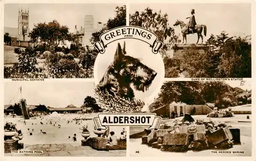 AK / Ansichtskarte  Aldershot_Hampshire_South_East_England Municipal Gardens Duke of Wellington Statue The Bathing Pool The Herdes Shrine