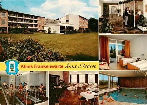 AK / Ansichtskarte 73907456 Bad_Steben Klinik Frankenwarte Wassertreten Gastraum Rezeption Zimmer Hallenbad