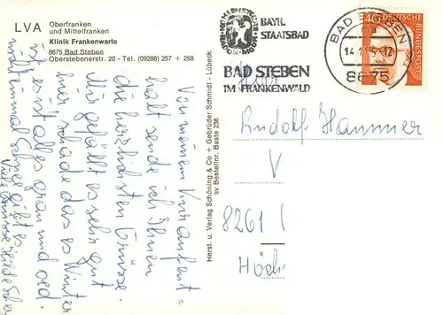 AK / Ansichtskarte  Bad_Steben Klinik Frankenwarte Wassertreten Gastraum Rezeption Zimmer Hallenbad