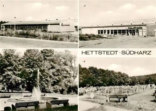 AK / Ansichtskarte  Hettstedt Sporthalle HO Kaufhalle Wasserspiel im Stadtpark Schwimmbad