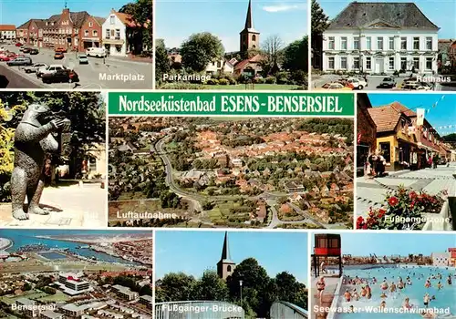 AK / Ansichtskarte 73907806 Esens_Bensersiel Marktplatz Parkanlage Rathaus Fliegeraufnahme Fussgaengerzone Bensersiel Fussgaengerbruecke Wellenschwimmbad