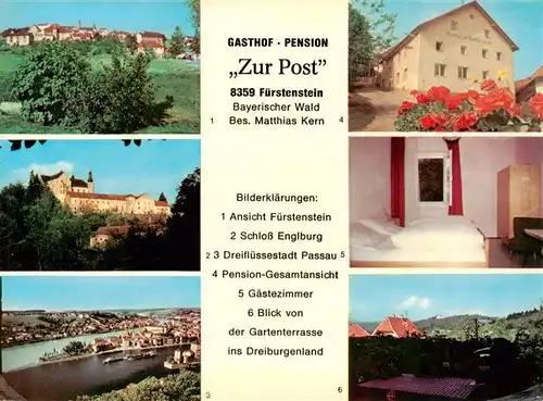 AK / Ansichtskarte  Fuerstenstein_Niederbayern Gasthof Pension Zur Post Ansicht Schloss Englburg Dreifluessestadt Passau Pension Gaestezimmer Blick von der Gartenterrasse