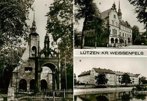 AK / Ansichtskarte 73907950 Luetzen_Sachsen-Anhalt Gustav Adolf Denkmal mit Kapelle Rathaus Neubauten am Schwanenteich