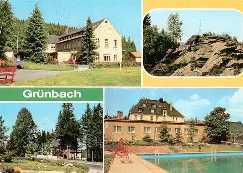 AK / Ansichtskarte  Gruenbach_Auerbach_Erzgebirge FDGB Erholungsheim Louis Mueller Wendelstein Gruenanalge beim Ehrenmal Ferienheim Geschwister Scholl