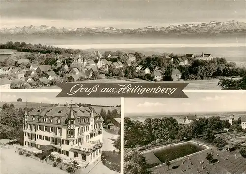 AK / Ansichtskarte 73908215 Heiligenberg_Baden Panorama mit Alpenblick Kaufmanns-Erholungsheim Haus Hohenstein Luftaufnahme Freibad