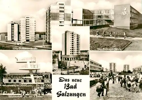 AK / Ansichtskarte  Bad_Salzungen Otto-Grotewohl-Strasse Hochhaeuser Wohnsiedlung Schwimmbad Kindergarten Leninplatz