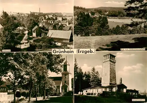 AK / Ansichtskarte  Gruenhain-Beierfeld_Erzgebirge Teilansicht FDGB-Erholungsheim Markt Kirche Spiegelwaldturm