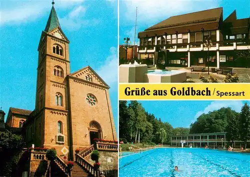 AK / Ansichtskarte 73908315 Goldbach_Aschaffenburg Kirche Brunnen Freibad