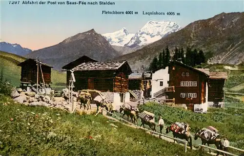 AK / Ansichtskarte  Saas-Fee_VS Abfahrt der Post von Saas-Fee nach Stalden mit Fletschhorn und Laquinhorn
