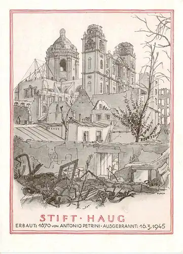 AK / Ansichtskarte  Wuerzburg_Bayern Stift Haug zerstoert am 16 Maerz 1945 Zeichnung