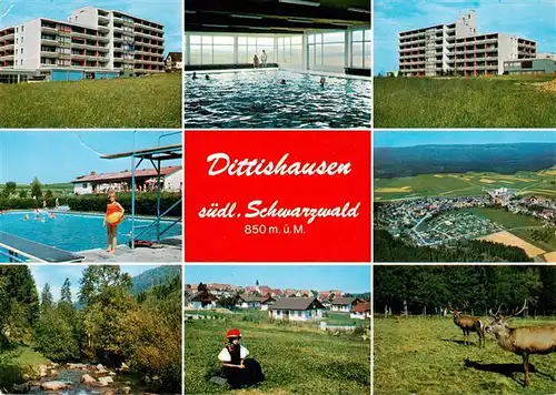 AK / Ansichtskarte 73908717 Dittishausen_Loeffingen Hotel Schwimmbad Hallenbad Panorama Schwarzwaldmaedel Hirsche